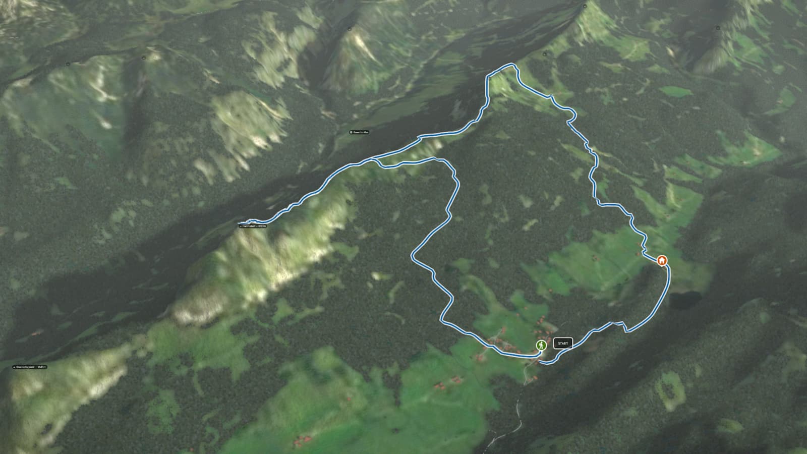 3D-Kartenausschnitt der Wasserwanderung auf den Hechlstein und hinab zum Spechtensee